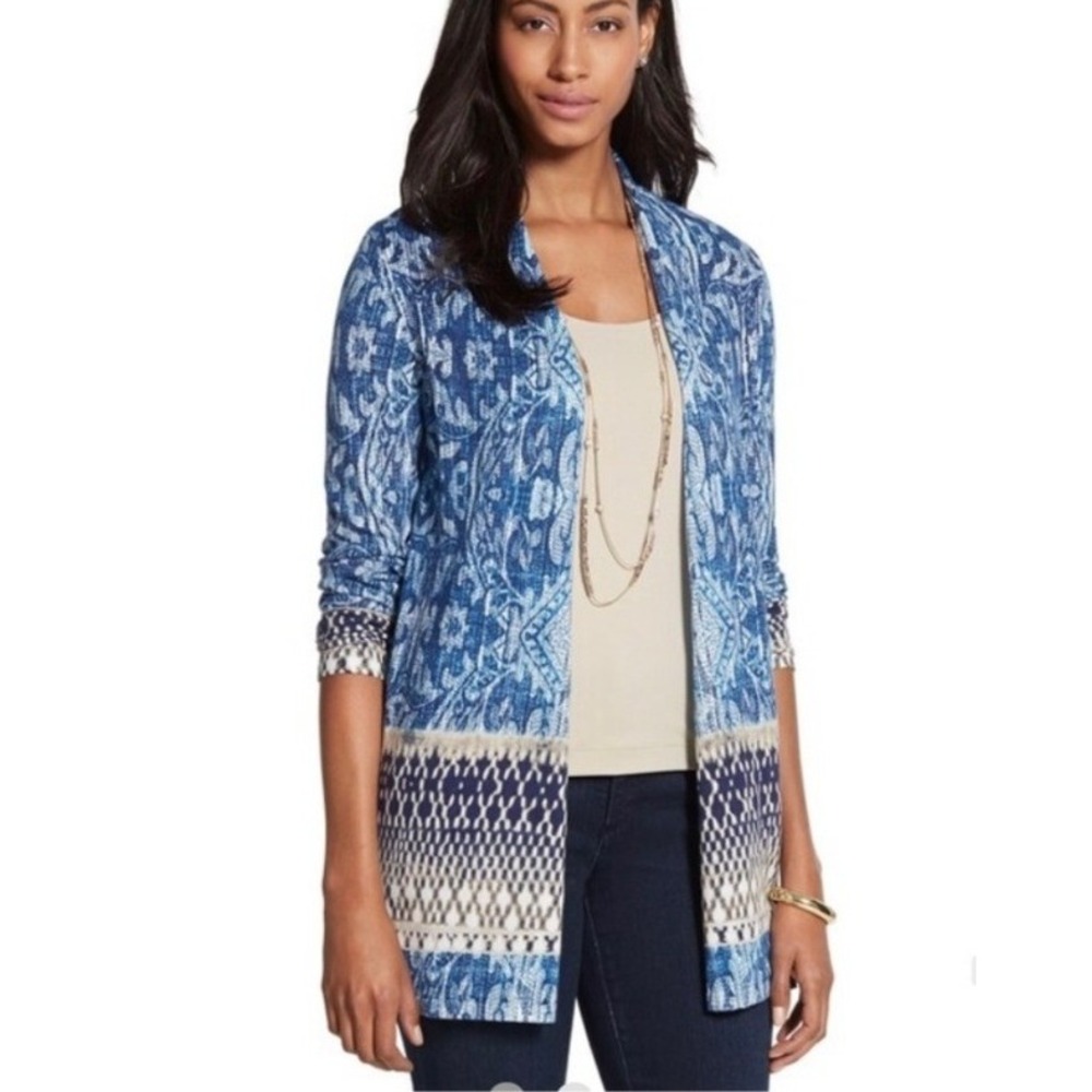 Chicos Blue Paisley Batik Open Front Cardigan Sweater Womens Size 8 Medium